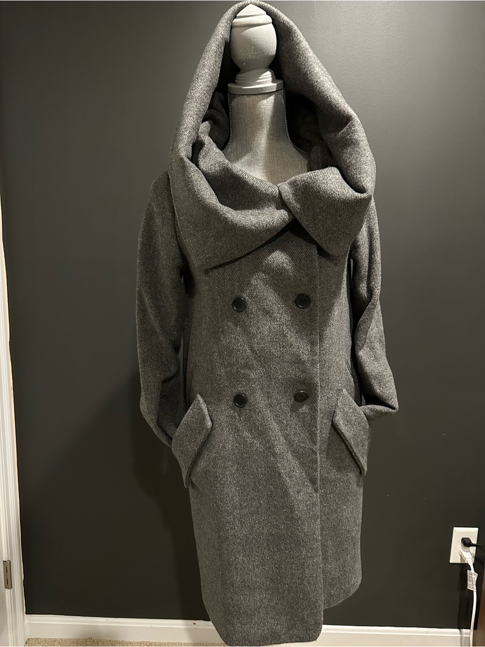 Zara Gray Hooded Double-Breasted Pea Coat